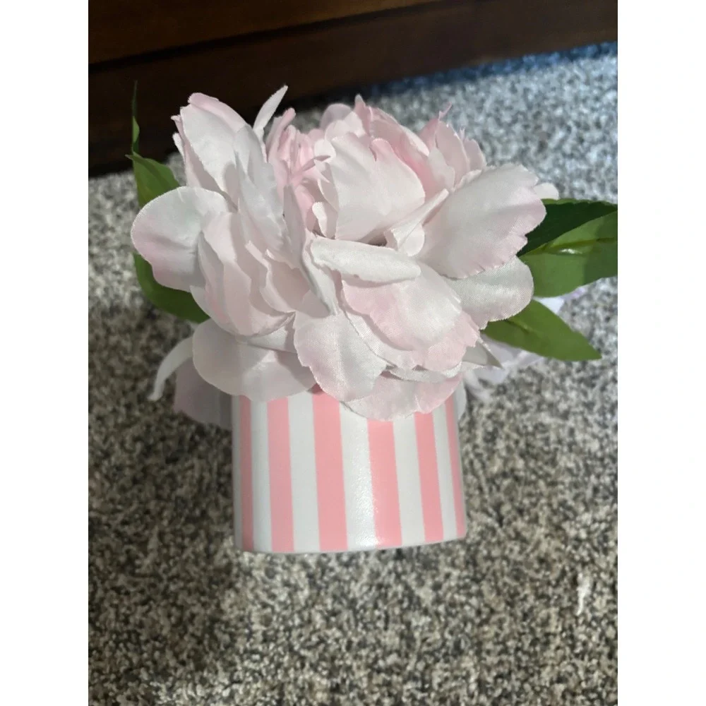 Pink Faux Peony Floral Arrangement in Pink White Striped Pot Decorative Accent